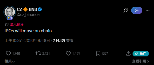 A screenshot of a tweet from CZ (Changpeng Zhao) @cz_binance stating 'IPOs will move on chain,' dated September 8, 2026, with significant engagement (1.4万 likes, 1,749 reposts).