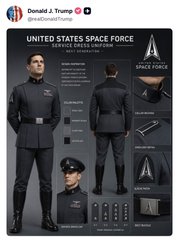 A promotional image from Donald J. Trump's account (@realDonaldTrump) displaying the 'UNITED STATES SPACE FORCE SERVICE DRESS UNIFORM' with front and back views of the dark uniform on a mannequin.