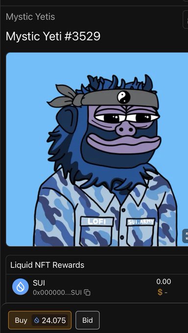 A screenshot of a Mystic Yeti NFT #3529 listing for 24.075 SUI, featuring a blue-camouflaged gorilla character wearing a yin-yang headband and a shirt labeled "LOFI" and "SUI ARMY," tied to the post's giveaway announcement by @0xLOFITIDE.