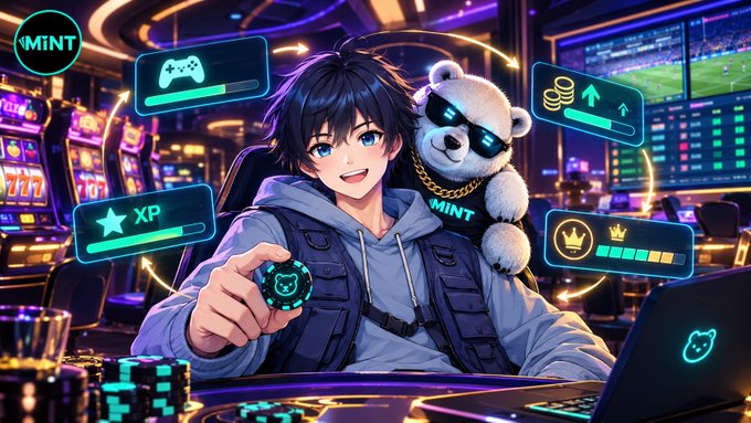 An anime-style illustration of a young man holding a poker chip, with a white teddy bear wearing sunglasses perched on his shoulder, surrounded by gaming UI elements and the word 'MINT' in a casino setting.