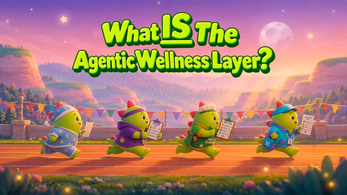A colorful cartoon image asking 'What IS The Agentic Wellness Layer?' featuring small green creatures with party hats running on a track.