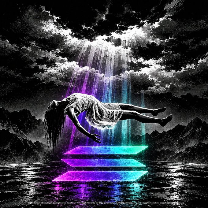 A ghostly figure levitates above glowing ethereal platforms of purple and teal light descending from a dramatic cloudy sky, evoking a supernatural Halloween atmosphere. The image ties to the Kraken Halloween Sweepstakes, where one winner receives 1,000 $SOL, mirroring the otherworldly, mystical theme of the giveaway.