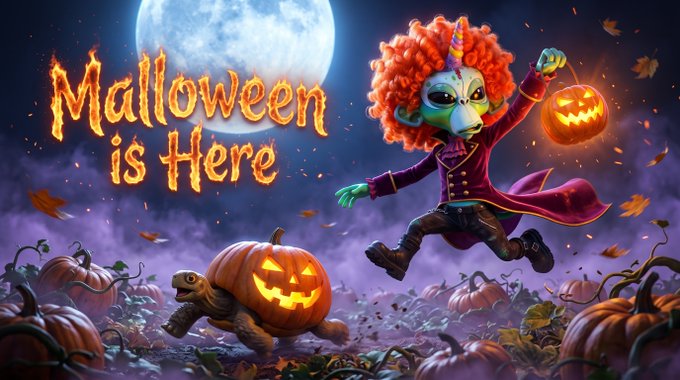 A Halloween-themed digital illustration with the fiery text 'Malloween is Here,' featuring a green-skinned unicorn character in a red coat holding a jack-o'-lantern bucket, alongside a turtle carrying a glowing pumpkin, all set against a full moon.