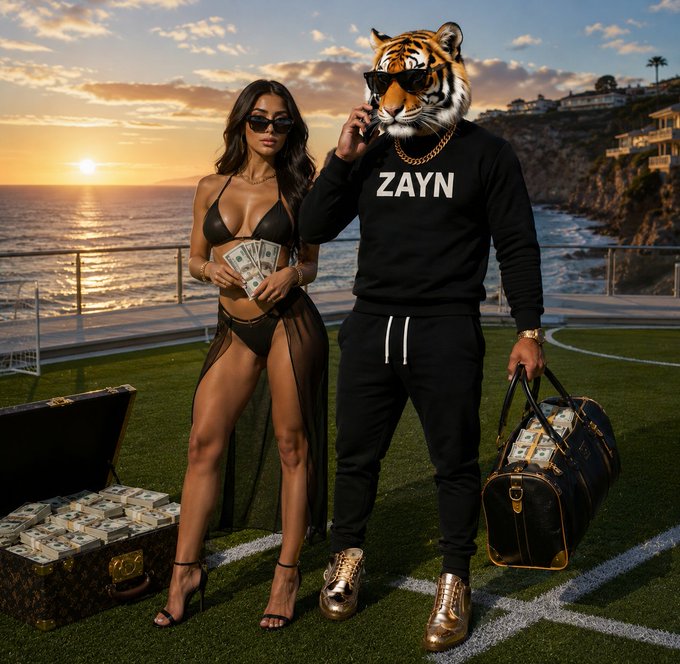 A woman in a black bikini holding cash stands beside a figure with a tiger's head wearing a "ZAYN" sweatshirt, gold chains, and sunglasses, holding a duffel bag full of money on a coastal lawn at sunset.