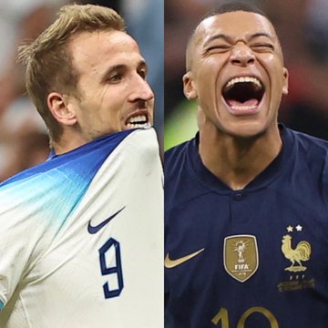 A side-by-side photo shows footballer Harry Kane, wearing an England jersey with the number 9, biting a jersey collar, alongside Kylian Mbappé in a France national team kit, who is laughing widely. The image accompanies Poll results highlighting Kane and Mbappé as the top two contenders in a Live Ballon d'Or rankings poll, with Mbappé narrowly leading at 26% to Kane's 23%.