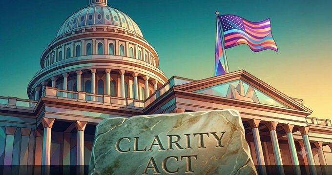 An illustration of the U.S. Capitol building with an American flag, accompanied by a stone plaque engraved with 'CLARITY ACT'.
