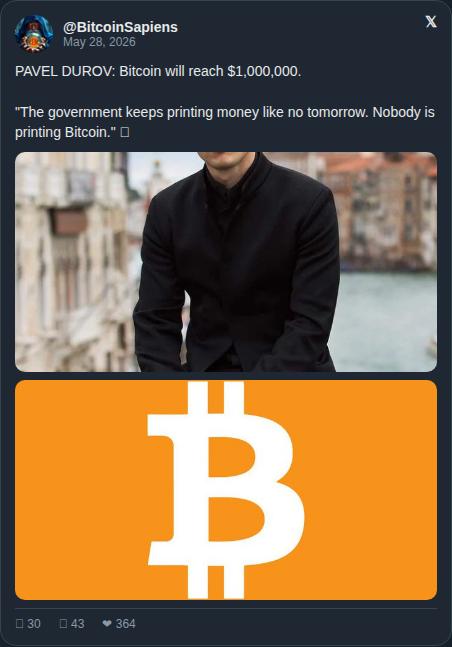 The image features a man wearing a black suit with an orange Bitcoin logo on his chest. The text above him reads "The government keeps printing money like no tomorrow. Nobody is printing Bitcoin." This message seems to be related to the Bitcoin post, which was shared by another user named @BcoinSapels.