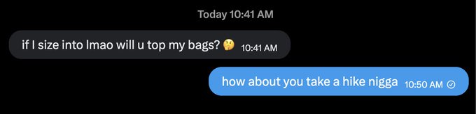 A text message exchange shows someone asking "if l size into lmao will u top my bags?" at 10:41 AM, followed by the reply "how about you take a hike nigga" at 10:50 AM. The image humorously illustrates the accompanying post about reasons why LMAO token will never increase in price, depicting a blunt rejection to someone asking others to pump and dump a meme cryptocurrency.