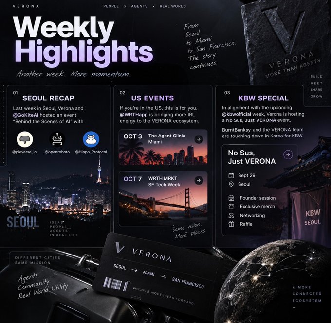 A dark-themed weekly highlights graphic for 'VERONA' detailing events like 'SEOUL RECAP', 'US EVENTS' in Miami and San Francisco, and a 'KBW SPECIAL' in Seoul.