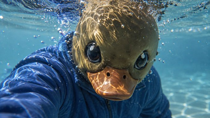 An underwater shot showing a person wearing a duck or bird-like mask while swimming in a pool, wearing a blue jacket.