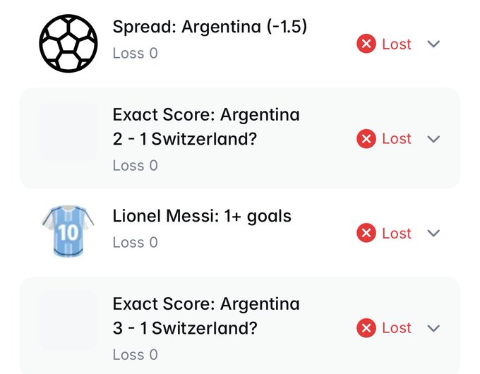 A sports betting app screen showing four losing wagers related to an Argentina vs. Switzerland match, including a spread bet on Argentina (-1.5), two exact score predictions (2-1 and 3-1 for Argentina), and a bet on Lionel Messi scoring 1+ goals, all marked as 'Lost'.