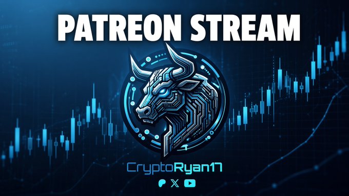 A graphic for a "PATREON STREAM" features a metallic blue bull logo over a cryptocurrency candlestick chart background, branded "CryptoRyan17" with Telegram, X, and YouTube icons.
