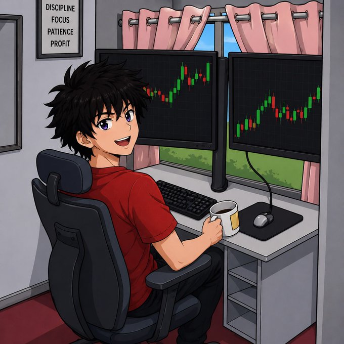 A cheerful trader sits at a dual-monitor setup displaying rising green candlestick charts, with a mug beside the keyboard. A wall sign reads “DISCIPLINE / FOCUS / PATIENCE / PROFIT,” evoking the disciplined, efficiency-focused shift from wasteful computation to Proof of Useful Work highlighted by @quipnetwork.