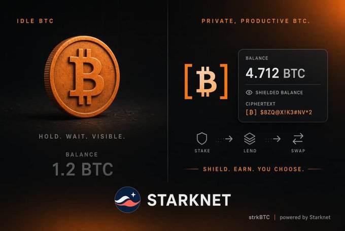 A Starknet-branded graphic contrasts "Idle BTC" (a static 1.2 BTC balance) with "Private, Productive BTC" (strkBTC with a 4.712 BTC shielded balance), illustrating options to stake, lend, or swap instead of letting Bitcoin sit unused.
