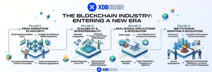 This image is an infographic from XDB Chain titled "THE BLOCKCHAIN INDUSTRY: ENTERING A NEW ERA," which outlines the evolution of blockchain across four pillars: Pillar 1 (From Disruption to Maturity) featuring v0.1 experimentation to XDB Ecosystem development, Pillar 2 (Scalability & Integration) showing isolated networks evolving into interconnected unified standards, Pillar 3 (Real-World Applications) covering core infrastructure like Niche Hype solutions, and Pillar 4 (Institutional Adoption & Regulation) progressing from Ad-hoc Development to CBDC integrations and global regulatory standards, visually reinforcing the post's message that blockchain's future lies in solving real-world utility rather than hype.