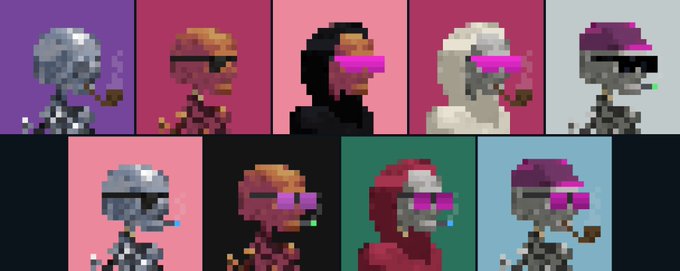 A grid of nine pixel art portraits of skeletons in hooded robes wearing pink sunglasses and smoking cigars, displayed against various colored backgrounds.