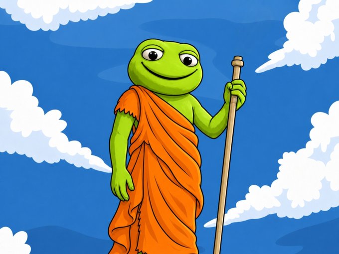 A cartoon illustration of Pepe the Frog depicted as a Buddha-like figure, wearing an orange robe and holding a wooden staff against a blue sky with clouds.