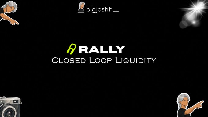 Promotional graphic with a black background for 'RALLY - Closed Loop Liquidity' by user bigjosh__, decorated with cartoon character and camera emojis in the corners.