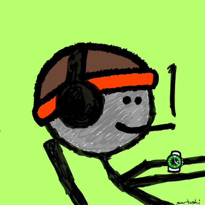 A digital drawing depicts a grey, round character wearing headphones and a brown and orange cap, holding a green object against a solid green background.