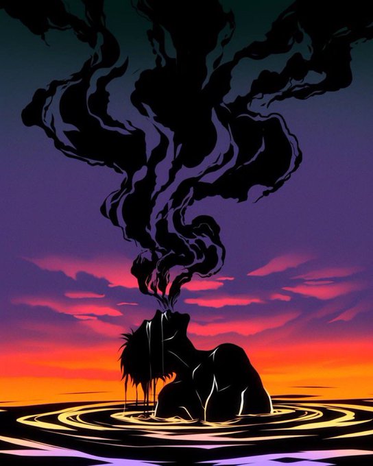 A digital illustration of a silhouetted figure on a purple and orange sunset background, appearing to emit or absorb large plumes of black smoke or shadow into the sky.