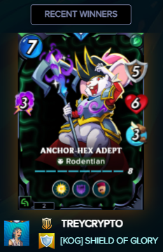 A screenshot from the Splinterlands raffle results showing treycrypto as the recent winner of the No. 2 print of the Black Foil Rare "Anchor-Hex Adept" reward card, which the post highlights as a lucky win since the user needed it for their main collection.