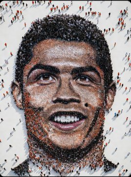 The image features a large portrait of a man's face made up of small dots or lines, creating an abstract representation of a person's face. The portrait appears to be a digital art piece that has been created using a photo of a soccer player as its base. The artist has used the soccer player's facial features and the surrounding crowd to create this unique artwork. The post includes text about a soccer player named Ronaldo, suggesting that the image is related to a sports event or celebration involving him.