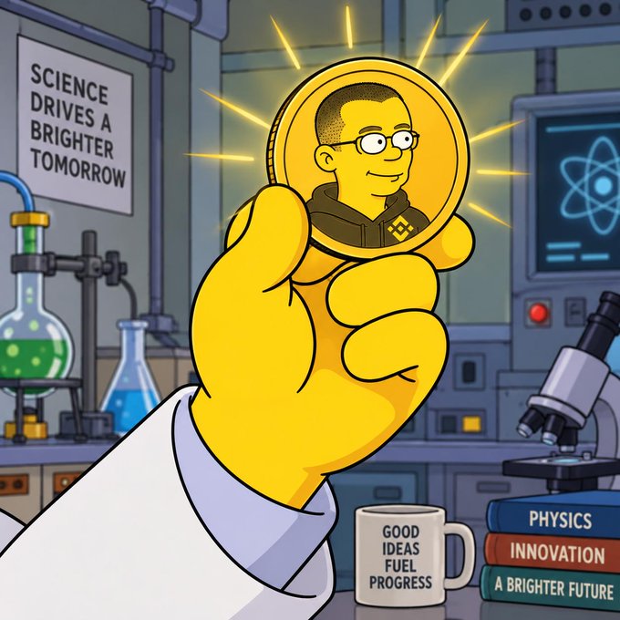 An animated illustration of a yellow hand holding up a glowing gold coin featuring a man's face, set in a laboratory with a 'SCIENCE DRIVES A BRIGHTER TOMORROW' sign, a 'GOOD IDEAS FUEL PROGRESS' mug, and books labeled 'PHYSICS', 'INNOVATION', and 'A BRIGHTER FUTURE'.