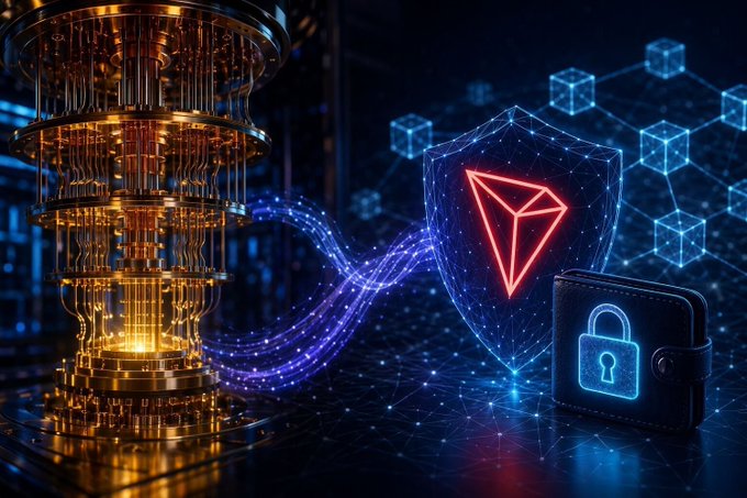 A glowing golden quantum computer tower is connected by streams of blue light to a red Tron (TRX) shield and a digital wallet with a padlock, symbolizing the intersection of quantum computing power and cryptocurrency security. The image visually represents the emerging concern that quantum computing advancements could potentially threaten the encryption protecting crypto assets like Tron.