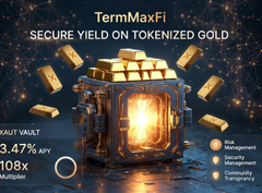 The image is a promotional graphic for TermMaxFi, highlighting a "3.47% APY" return on tokenized gold with a "108x" leverage feature, alongside security management benefits. It shows a glowing golden vault surrounded by floating gold bars against a dark background with the headline "SECURE YIELD ON TOKENIZED GOLD," relating to the user's post about their daily engagement with TermMaxFi's platform features to earn additional APY rewards.