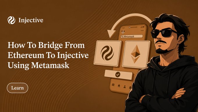A promotional banner for Injective cryptocurrency, titled 'How To Bridge From Ethereum To Injective Using Metamask', featuring an illustrated man in sunglasses and a hoodie next to a smartphone displaying the Metamask interface.