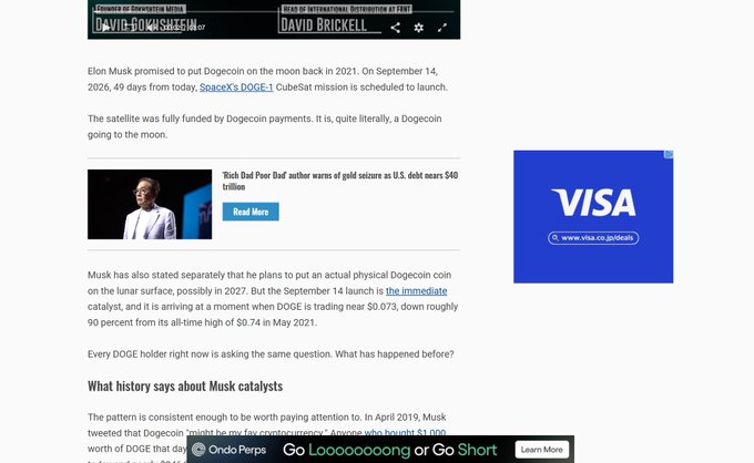 The image shows an article about Elon Musk's 2021 promise to launch the SpaceX DOGE-1 CubeSat mission to the moon, funded by Dogecoin, scheduled for September 14, 2026, with DOGE trading down 90% from its May 2021 all-time high of $0.74.
