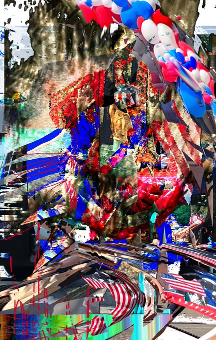 A vibrant digital glitch artwork featuring an abstract composition of distorted colors, striped patterns, and fragmented imagery, with bold red, blue, and green hues dominating the chaotic scene. The piece, titled "Every MONSTER has to live somewhere," is a 1/1 PNG data painting created as a birthday tribute, combining numerous photos into a 37.7 MB PNG (4350x6840, 250 pixels/inch) sold for 106 TEZ.