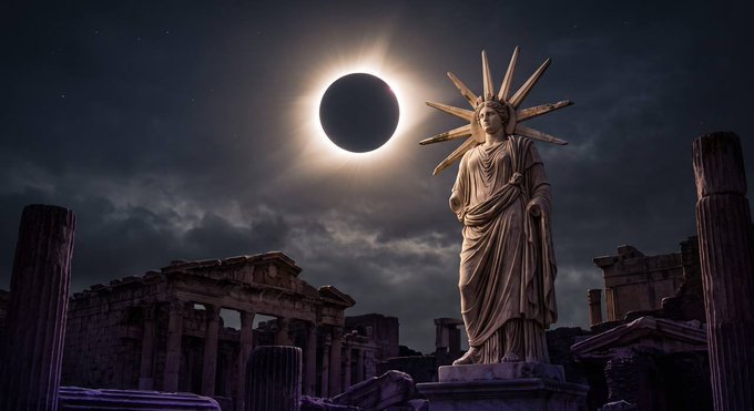 A dramatic digital illustration depicting a tall statue of a robed female figure with a spiked crown standing among ancient ruins, with a total solar eclipse occurring in the dark, cloudy sky behind her.