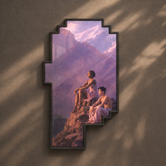 A uniquely shaped black frame hangs on a textured beige wall, displaying an artistic photograph titled "Punk Study 025" from a 30-day punk art series. The framed image features two figures in soft pastel clothing sitting contemplatively on rocky terrain against a backdrop of majestic snow-capped mountains bathed in purple and pink hues. The artwork, part of the #CryptoPunks collection, blends classical portraiture with the digital art aesthetic of the NFT series.
