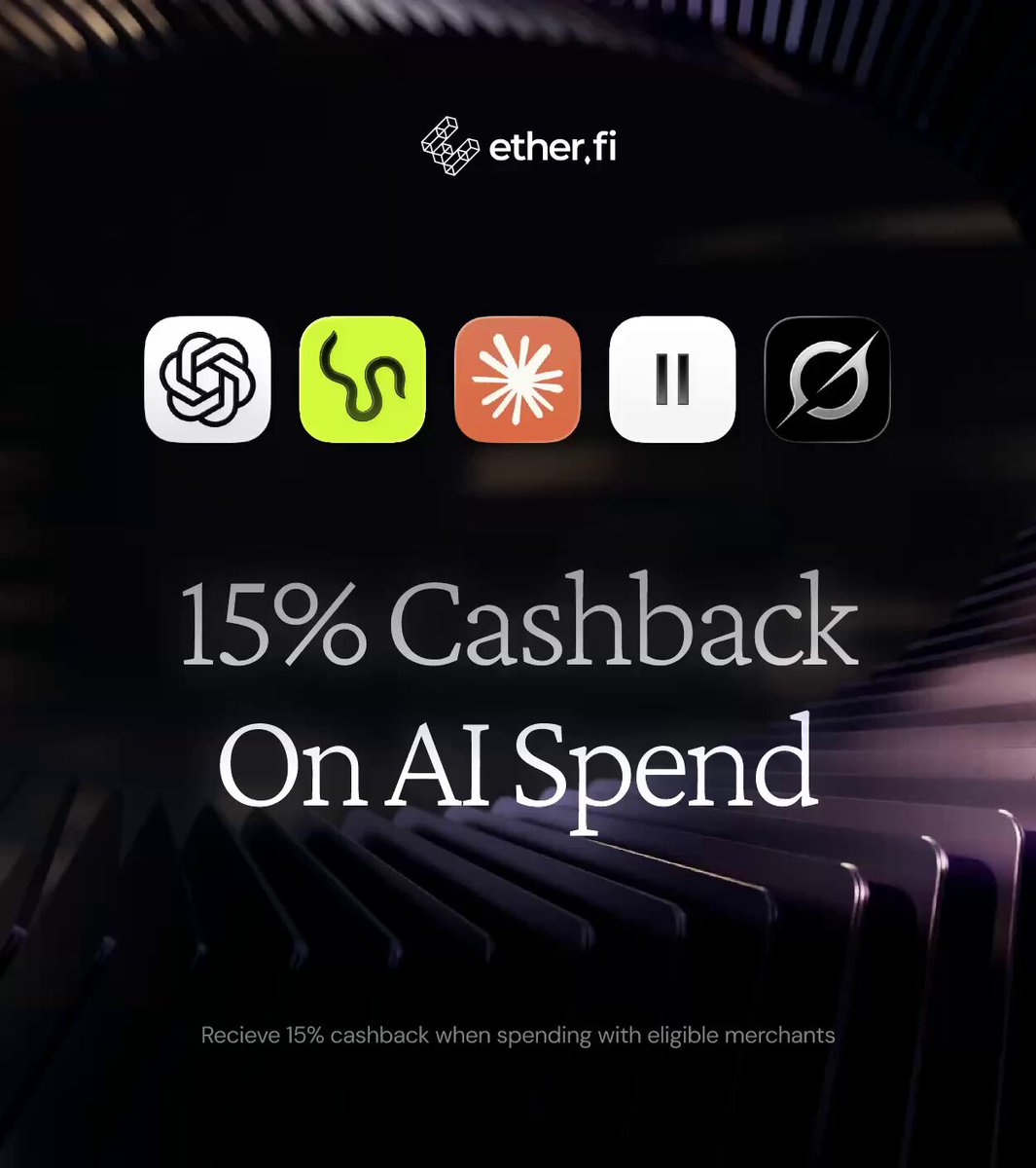 The image shows a dark purple gradient background that features an advertisement for a 15% cashback offer on AI Spend. The background consists of black lines, with one line being the text "15% Cashback On AI Spend". The remaining three lines are filled in green and yellow respectively, with the first two lines reading "Receive 10€ Cashback when spending with AI spend" and "Receive 15% cashback on your spend", while the third line reads "Start earning: ether.fi/app/cash/safe".