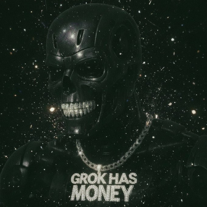 A black and white image of a robotic skull figure with a diamond chain and the text 'GROK HAS MONEY' displayed in rhinestones against a starry background.