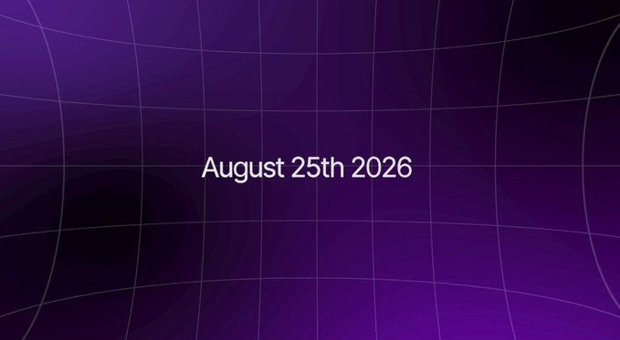 A purple gradient background with a subtle grid pattern displays the date 'August 25th 2026' in white text.