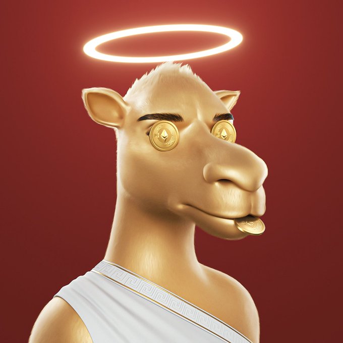 A 3D-rendered golden camel character with a glowing halo above its head, gold coin eyes, and a coin in its mouth, wearing a white toga-like garment against a dark red background.