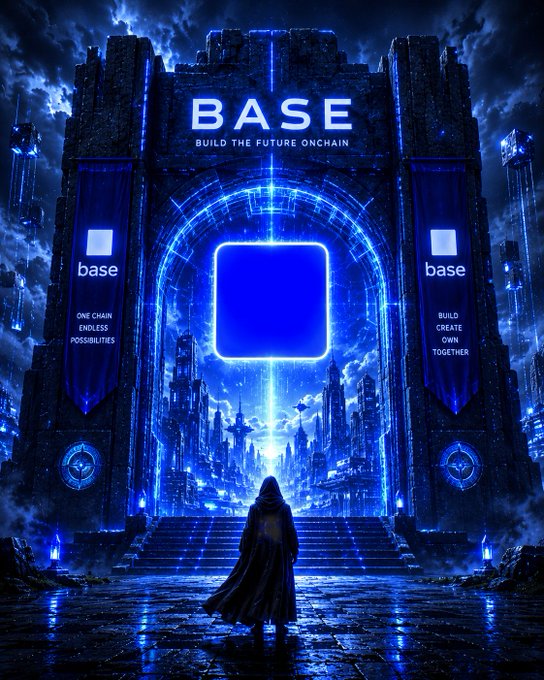 A dramatic promotional graphic for the cryptocurrency project BASE with the tagline 'BUILD THE FUTURE ONCHAIN', showing a hooded figure facing a glowing blue portal flanked by banners reading 'base - ONE CHAIN ENDLESS POSSIBILITIES' and 'base - BUILD CREATE OWN TOGETHER'.