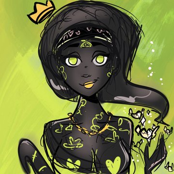 A stylized digital illustration depicts a dark-skinned anime-style character with black hair, glowing green eyes, and yellow tribal markings on her face and body, wearing a small golden crown against a green background with white butterflies.