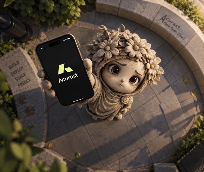 A 3D-rendered stone statue of a small creature with a flower-covered head holds up a smartphone displaying the 'Acurast' logo, with text reading 'Acurast A More Open Cloud', 'BUILD DEPLOY SCALE FREELY', and 'Acurast' visible.