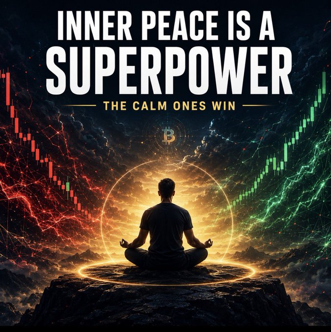 A meditator sits calmly on a glowing peak surrounded by a Bitcoin symbol, with red and green crypto candlestick charts and bullish/bearish energy swirling around them, beneath the text "INNER PEACE IS A SUPERPOWER — THE CALM ONES WIN." The image visually reinforces the post's message about maintaining composure amid volatile markets, with the meditator's centered stillness contrasting the chaotic price action to symbolize how inner calm is a trader's greatest edge.