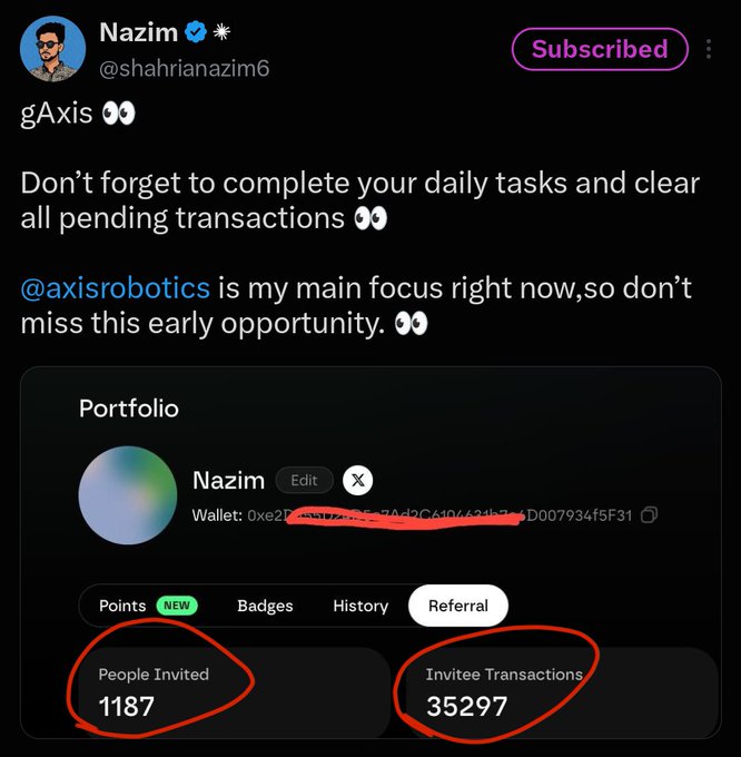 A social media post by "Nazim @shahrianazim6" promoting gAxis and @axisrobotics, showing a portfolio with 1187 People Invited and 35297 Invitee Transactions.