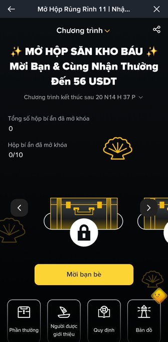 A mobile app screen in Vietnamese for a treasure chest opening program, titled 'MỞ HỘP SĂN KHO BÁU' with a reward of up to '56 USDT' and a counter showing '0/10' boxes opened.