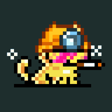 A pixel art character resembling a warrior wearing a yellow hat, pink scarf, and holding a sword, with motion blur effects on a dark background.