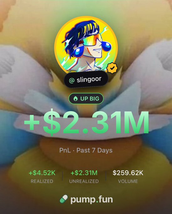 The image shows a pump.fun profile screenshot for user "@slingoor" displaying impressive trading metrics with "+$2.31M" PnL over the past 7 days, including $4.52K realized, $2.31M unrealized gains, and $259.62K trading volume. The post references speedrunning to 1,000,000 on the pump.fun app, aligning with the showcased performance and the user's emphasis on transparent, public trading calls.