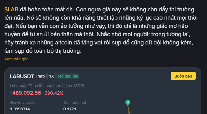 A cryptocurrency warning post in Vietnamese about $LAB, stating the coin has completely lost value, with a trading chart showing LABUSDT down -690.42% with the current price at 0.1771.