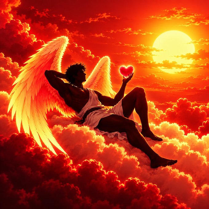 A digital artwork depicts a dark-haired angel with large feathered wings reclining on red and orange clouds against a sunset sky, holding a glowing red heart in their raised hand.