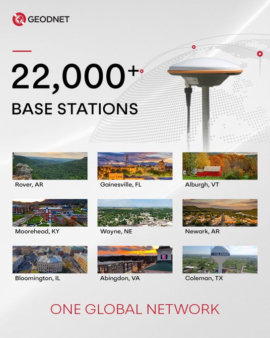 A GEODNET promotional graphic advertises '22,000+ BASE STATIONS' as 'ONE GLOBAL NETWORK', showing a GNSS surveying receiver and photos of base stations in nine U.S. locations including Rover, AR and Coleman, TX.