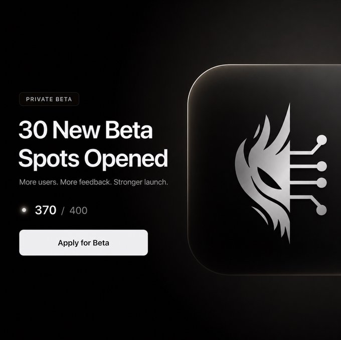 A dark promotional graphic for a 'PRIVATE BETA' offering '30 New Beta Spots Opened', showing '370 / 400' progress and an 'Apply for Beta' button next to a stylized silver dragon/circuit logo.